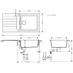 Кухонна мийка Hansgrohe S52, граніт, прямокутник, з крилом, 980х480х190мм, чаша - 1, накладна, S520-F480, чорний графіт