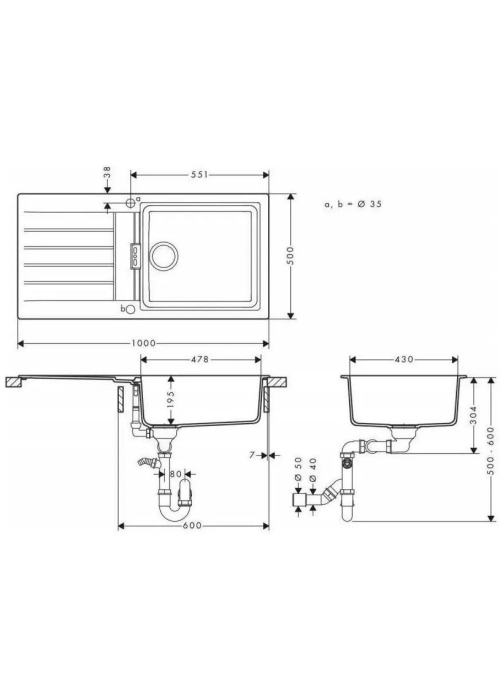 Кухонная мойка Hansgrohe S52, гранит, прямоугольник, с крылом, 980х480х190мм, чаша – 1, накладная, S520-F480, черный графит