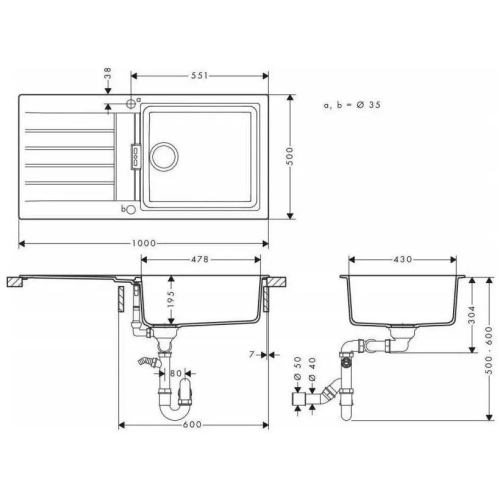 Кухонная мойка Hansgrohe S52, гранит, прямоугольник, с крылом, 980х480х190мм, чаша – 1, врезная, серый камень