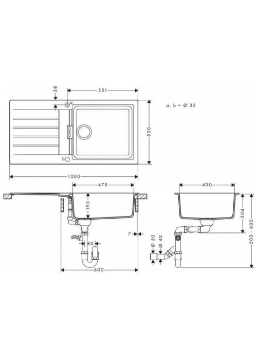 Кухонная мойка Hansgrohe S52, гранит, прямоугольник, с крылом, 980х480х190мм, чаша – 1, врезная, серый камень