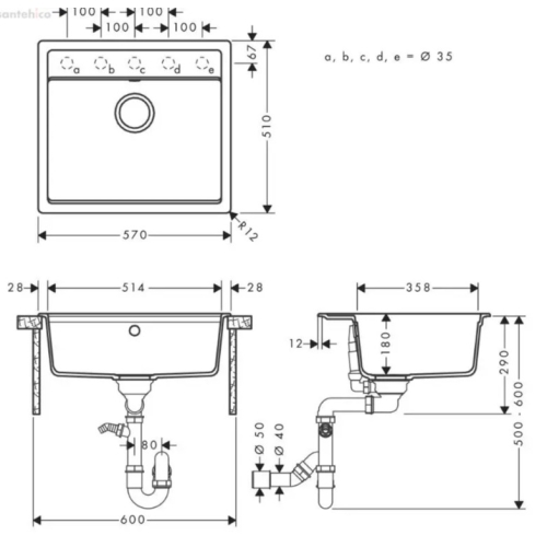 Кухонна мийка Hansgrohe S52, граніт, прямокутник, без крила, 550х490х190мм, чаша - 1, врізна, S520-F510, сірий камінь