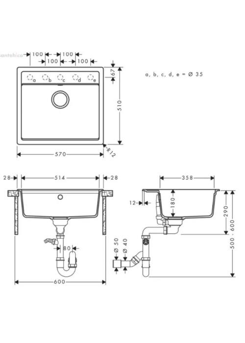 Кухонная мойка Hansgrohe S52, гранит, прямоугольник, без крыла, 550х490х190мм, чаша - 1, врезная, S520-F510, серый камень