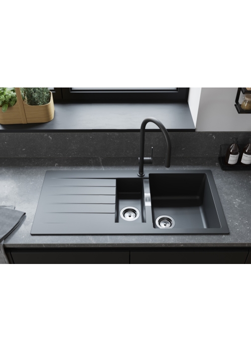 Кухонная мойка Hansgrohe S52, гранит, прямоугольник, с крылом, 980х480х190мм, чаша – 1.5, накладная, черный графит, S520-F530