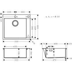 Кухонна мийка Hansgrohe S711-F450 на стільницю 2x35d 550х500 Stainless Steel (43305800)