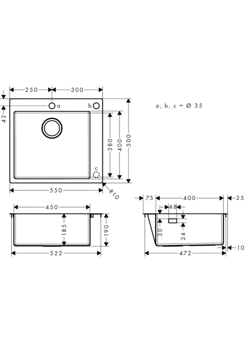 Кухонна мийка Hansgrohe S711-F450 на стільницю 2x35d 550х500 Stainless Steel (43305800)