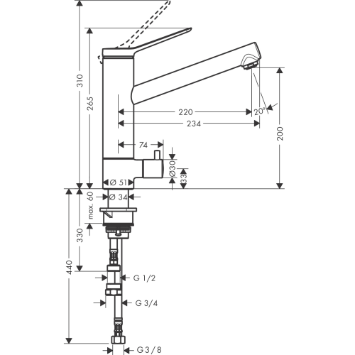 Змішувач кухонний  Hansgrohe Zesis  M33 200 1jet  з запірним клапаном CoolStart Chrome 74807000