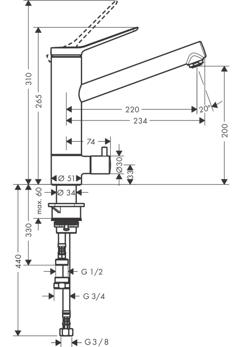 Смеситель кухонный Hansgrohe Zesis  M33 200 1jet CoolStart Chrome 74807000