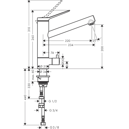 Змішувач кухонний  Hansgrohe Zesis  M33 200 1jet  з запірним клапаном Chrome 74808000