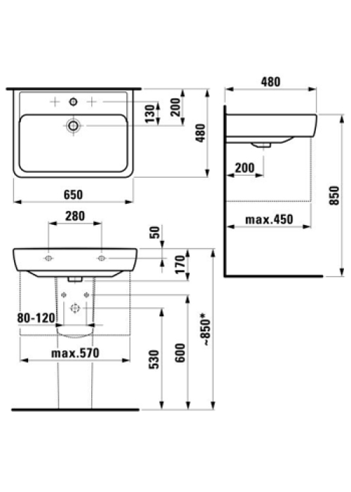 Раковина подвесная Laufen PRO A 65x48 см, с отверстием