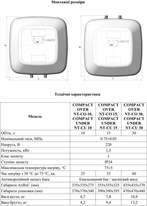 Водонагреватель NOVA TEC Compact over NT CO 15, 15 л