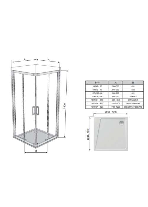 Квадратная душевая кабина Ravak 10RV2K-110 алюминий, 1ZJD0C00Z1