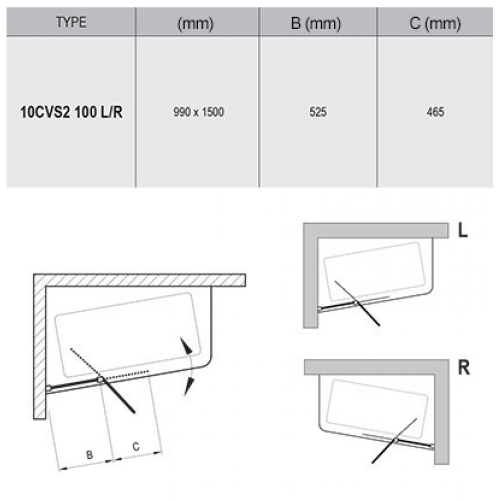 Штора для ванни Ravak 10CVS2-100 L white+Transparent 990 x 1500, 7QLA0103Z1