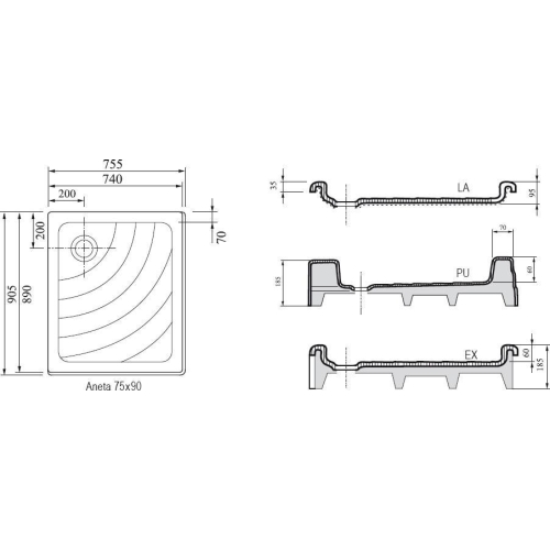 Піддон для душових кабін Ravak ANETA 75x90 PU, квадратний, акрил, A003701120