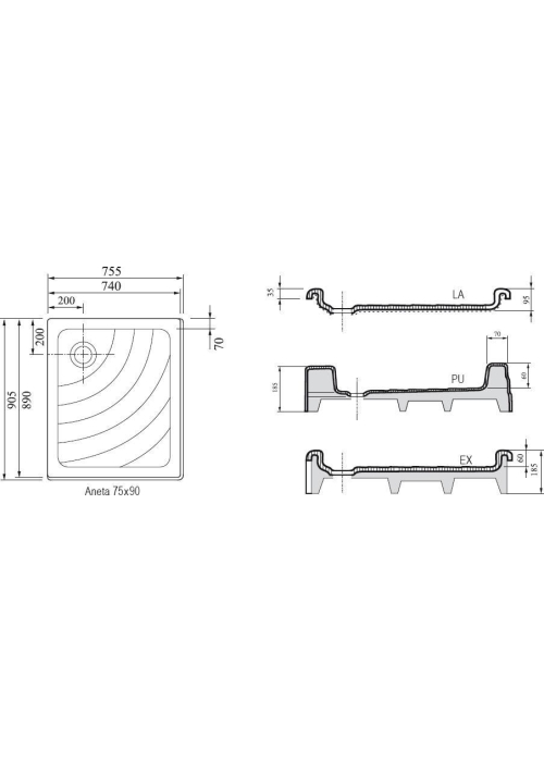 Поддон для душевых кабин Ravak ANETA 75x90 PU, квадратный, акрил, A003701120