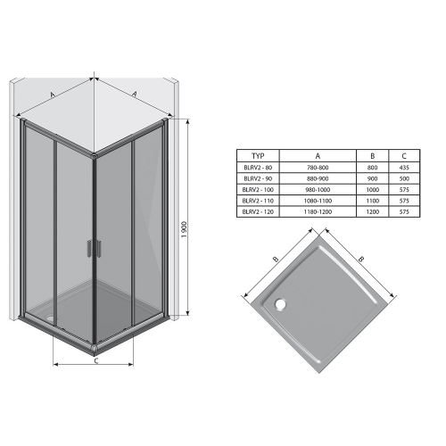 Квадратная душевая кабина Ravak BLIX BLRV2K-100 Белый TRANSPARENT, 1XVA0100Z1