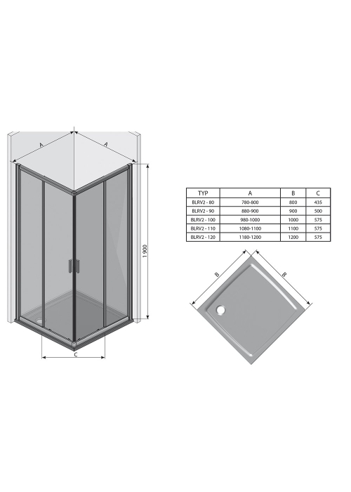 Квадратная душевая кабина Ravak BLIX BLRV2K-110 Сатин TRANSPARENT, 1XVD0U00Z1