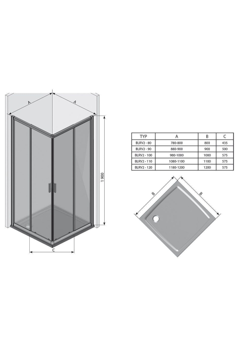 Душова штора Ravak BLIX BLRV2K - 90 Transparent, квадратна, полірований алюміній, скло, 1XV70C0U SHOWROOM (пошкоджено упаковку)