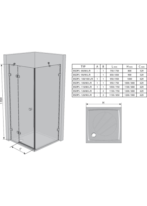 Прямоугольная душевая кабина Ravak BRILLIANT BSDPS - 120x80 R Transparent, хром, безопасное стекло,