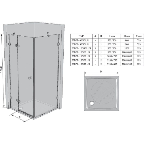 Душова штора Ravak BRILLIANT BSDPS - 110x80 L Transparent, хром, безпечне скло, 0ULD4A00Z1