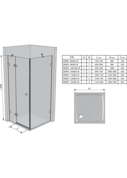 Душевая кабина Ravak BRILLIANT BSDPS - 120x80 R/L Transparent, хром, безопасное стекло, 0ULG4A00Z1+0UPG7A00Z1