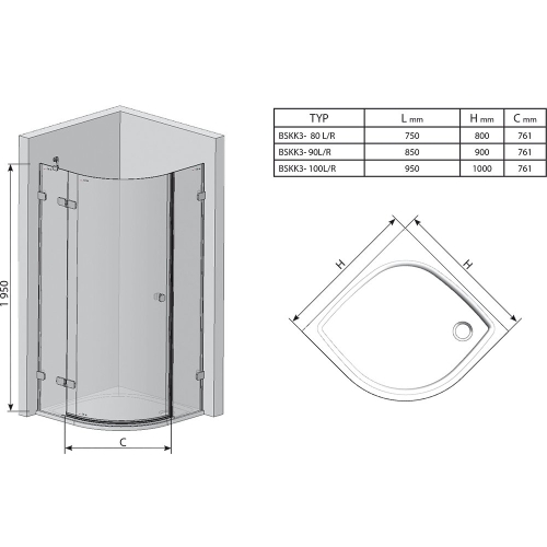 Напівкругла душова кабіна Ravak BRILLIANT BSKK 3 - 100 R Transparent, хром, безпечне скло, 3UPA