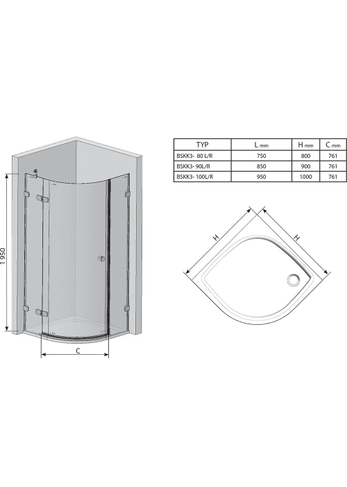 Напівкругла душова кабіна Ravak BRILLIANT BSKK 3 - 100 R Transparent, хром, безпечне скло, 3UPA