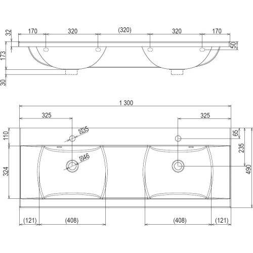 Раковина Ravak CLASSIC 1300, 130x49 см, подвійна, XJD01113000