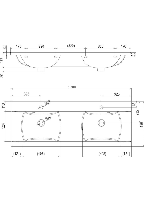 Раковина Ravak CLASSIC 1300, 130x49 см, двойная, XJD01113000