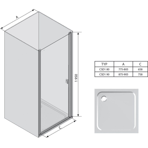 Душові двері Ravak CHROME CSD 1 - 90 Transparent, профіль сатин, безпечне скло, 0QV70U00Z1