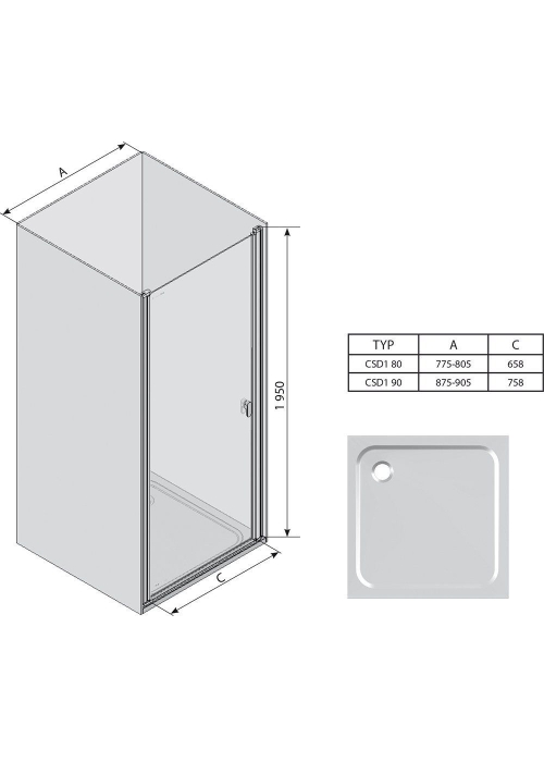 Душевая дверь Ravak CHROME CSD 1 - 90 Transparent, профиль сатин, безопасное стекло, 0QV70U00Z1