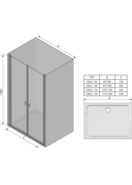 Душевая дверь Ravak CHROME CSDL 2 - 90 Transparent, белый профиль, безопасное стекло, 0QV7C10LZ1