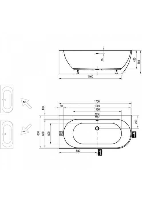 Ванна акрилова Ravak Freedom Corner L 170x80 см окремостояча (хром) XC00100041