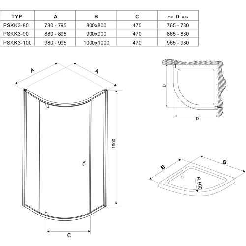 Угловая душевая кабина Ravak PIVOT PSKK 3 -  90 Transparent, стекло,полированный алюминий, 37677C00Z