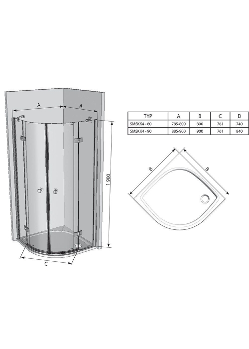 Душевая штора Ravak SMARTLINE SMSKK 4 - 90 Transparent, безопасное стекло, профиль хром, 3S277A00Y1