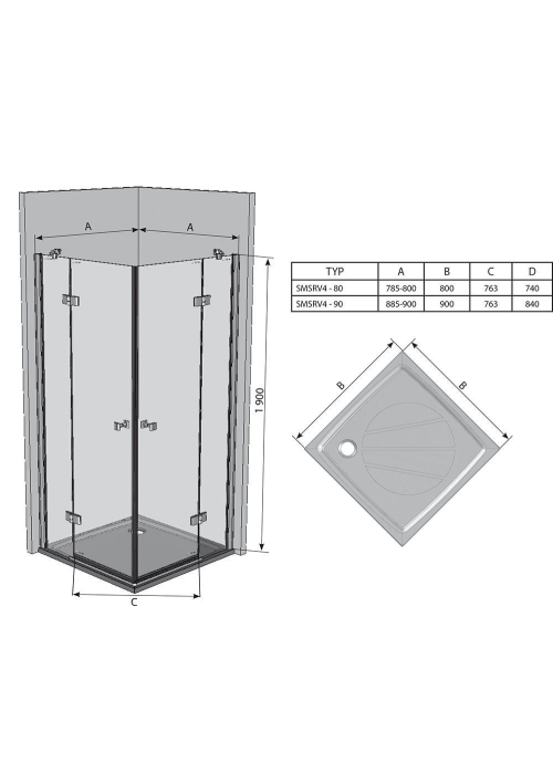 Душевая штора Ravak SMARTLINE SMSRV 4 - 90 Transparent, безопасное стекло, профиль хром, 1SV77A00Z1