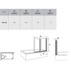 Шторка для ванны Ravak VS2 - 105 TRANSPARENT профиль сатин, 796M0U00Z1