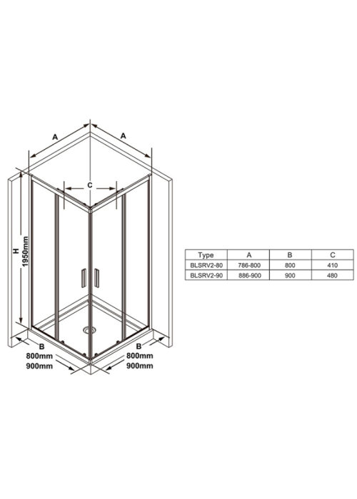 Душевой уголок Ravak BLIX Slim BLSRV2-90, полиров. алюминий + TRANSPARENT, X1LM70C00Z1