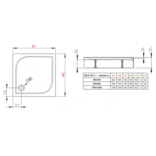 Душовий піддон RADAWAY Delos C, з панеллю, 90x90, 4C99170-03