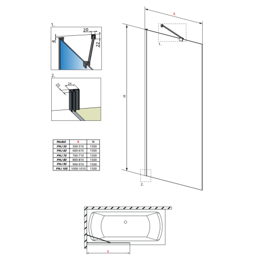 Шторка для ванни RADAWAY Idea Black PNJ Frame 50, 10001050-54-56