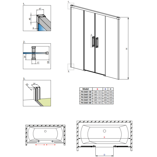 Шторка для ванни RADAWAY Idea PN DWD 140, 10004140-01-01