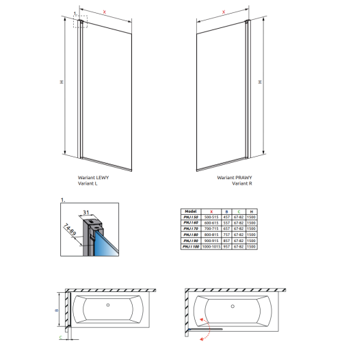 Шторка для ванны RADAWAY Nes PNJ 50 L,  10011050-01-01L