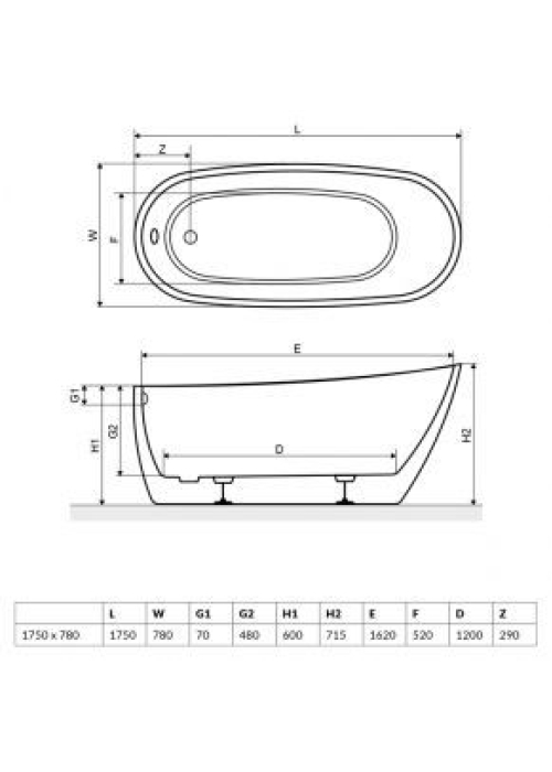 Ванна акриловая RADAWAY NIKIA 175x78x60 (WA1-41-175x078U-B)