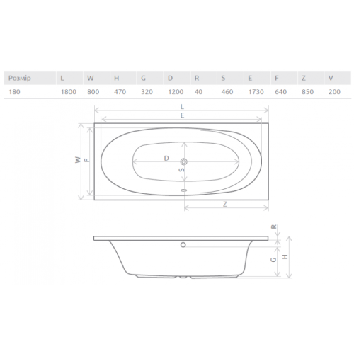 Ванна акрилова RADAWAY DIA 180х80 (WA1-05-180x080US) + ніжки (NWE-68) + сифон R135L