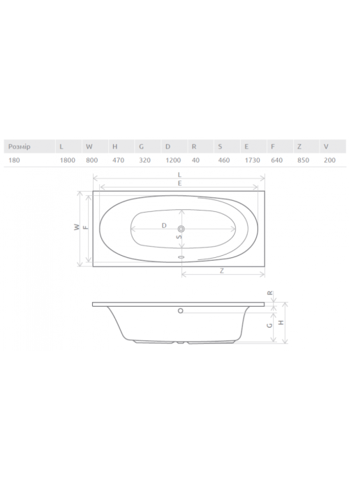 Ванна акрилова RADAWAY DIA 180х80 (WA1-05-180x080US) + ніжки (NWE-68) + сифон R135L