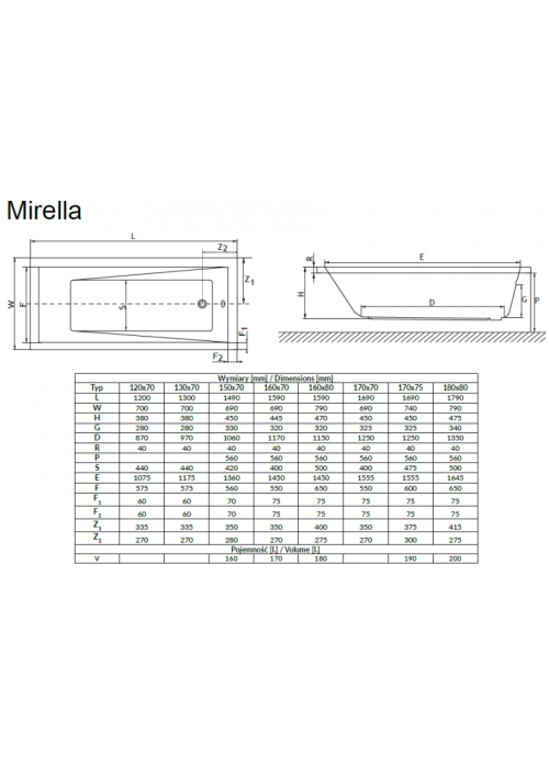 Ванна акрилова RADAWAY MIRELLA 170x70 (WA1-48-170x070S) + ніжки (NWA-62) + сифон R135L