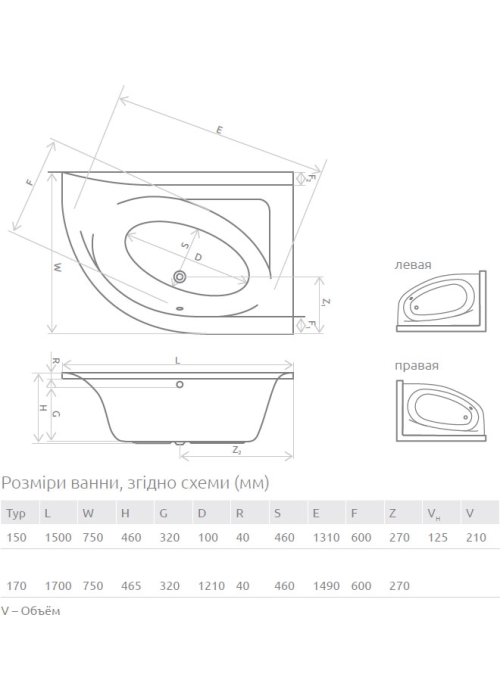 Ванна акриловая RADAWAY Mistra 170x110P (WA1-07-170x110PS) + ножки (68Р) + сифон R135L