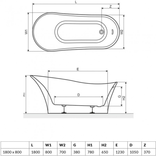 Ванна акрилова RADAWAY CRETA 180x080U (WA1-43-180x080U)