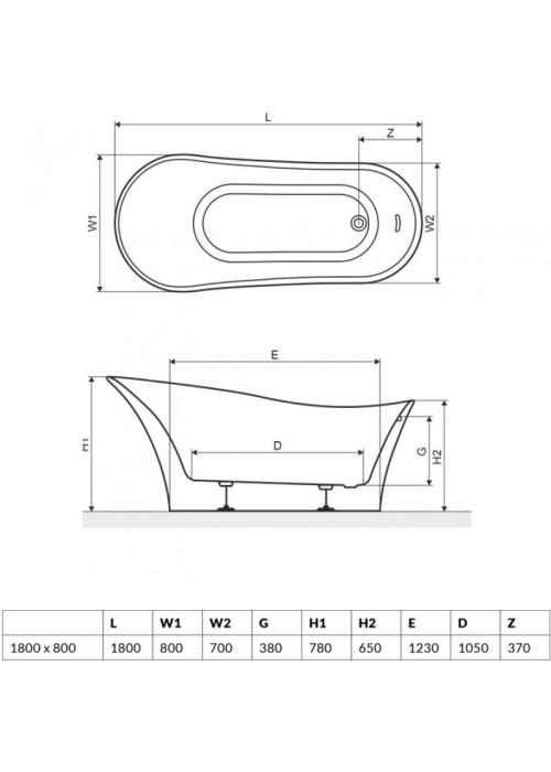 Ванна акрилова RADAWAY CRETA 180x080U (WA1-43-180x080U)