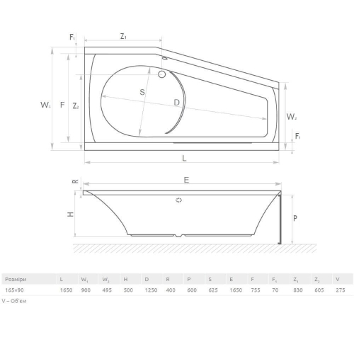 Ванна акрилова RADAWAY NOELIA 165x90L (WA1-49-165x090L) + ніжки (NWE-68)