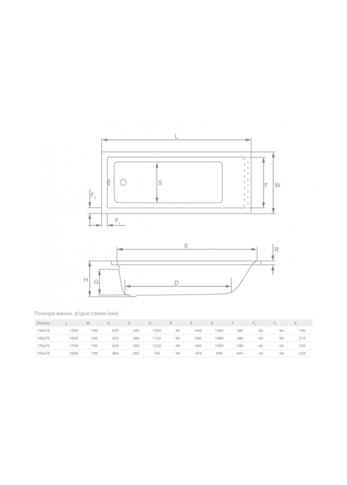 Ванна акрилова прямокутна Radaway Linda 160х70 з ніжками + сифон WA1-63-160x070S